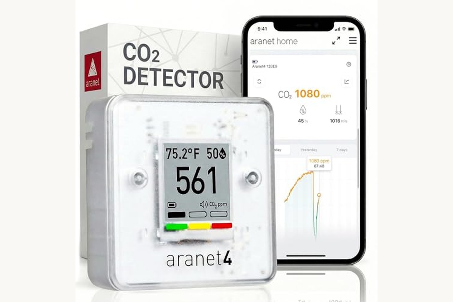 Aranet4 Home CO2 air quality monitor with product packaging and app display.