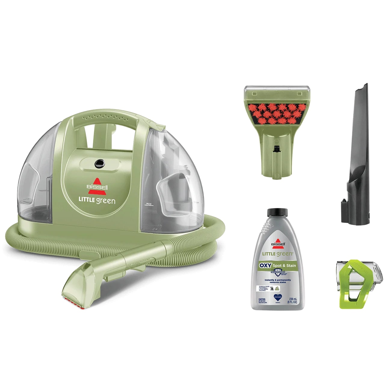 BISSELL Little Green 1400B portable carpet and upholstery cleaner with hose, tools, and formula bottle