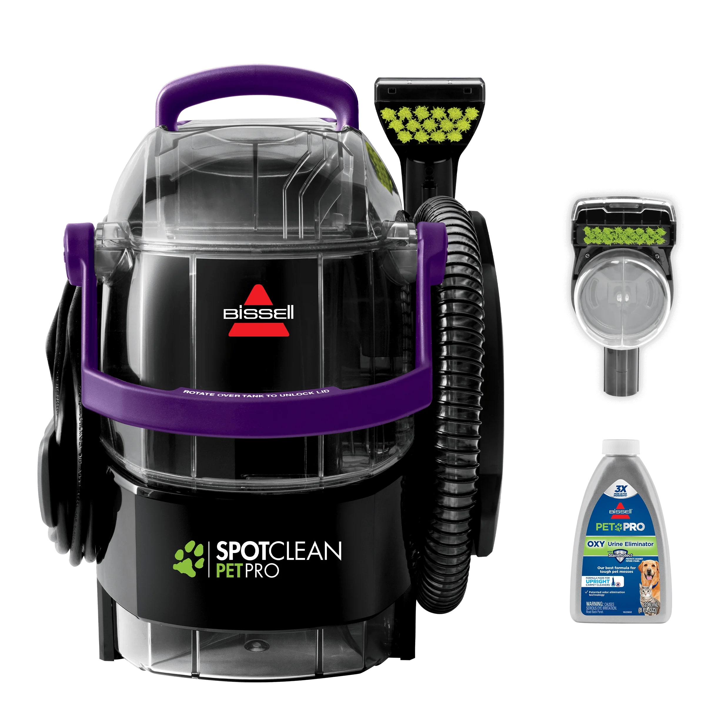 Bissell SpotClean Pet Pro 2458 portable carpet cleaner with included attachment and formula.