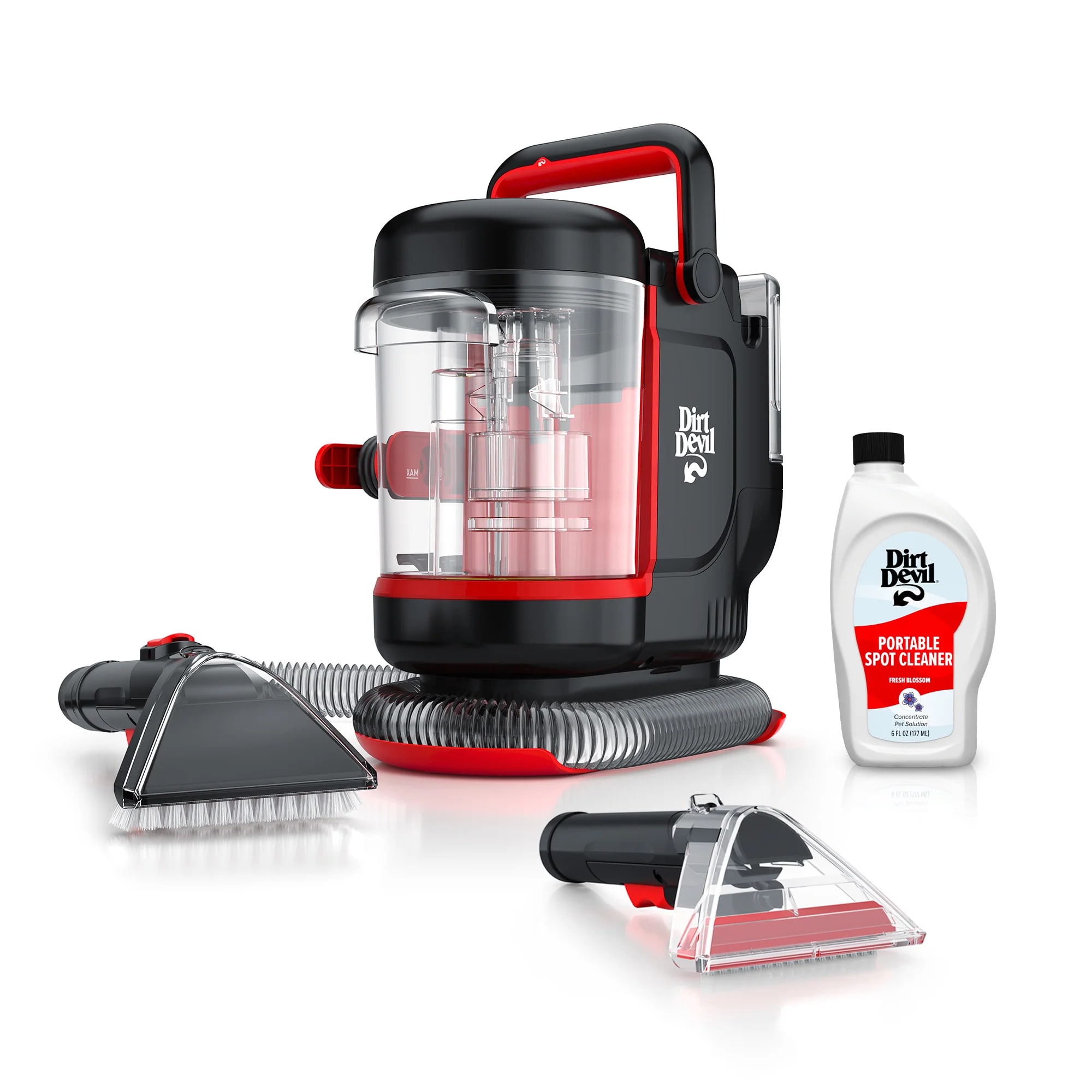 Dirt Devil portable carpet and upholstery spot cleaner with hose, cleaning tools, and solution bottle
