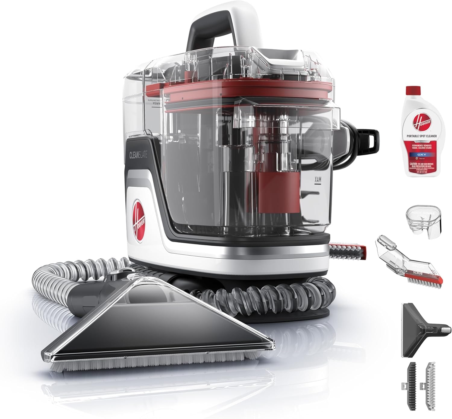 Hoover CleanSlate Plus FH14050 portable carpet and upholstery spot cleaner with hose, tools, and cleaning solution on a white background.