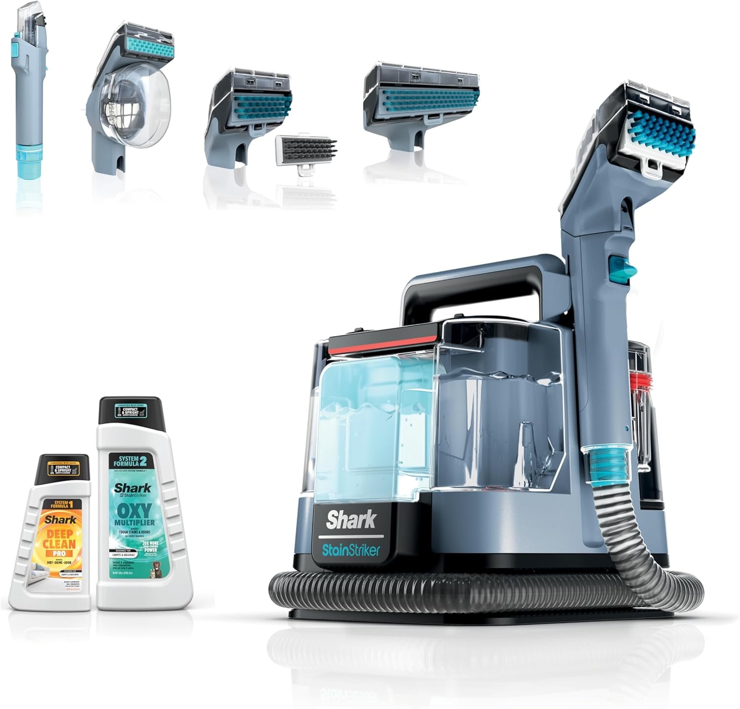 Shark StainStriker PX202BRN portable carpet and upholstery cleaner with hose, tools, and cleaning solution bottles.