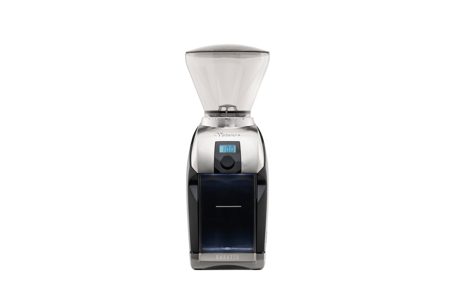 Baratza Virtuoso+ black coffee grinder shown in an official front product view