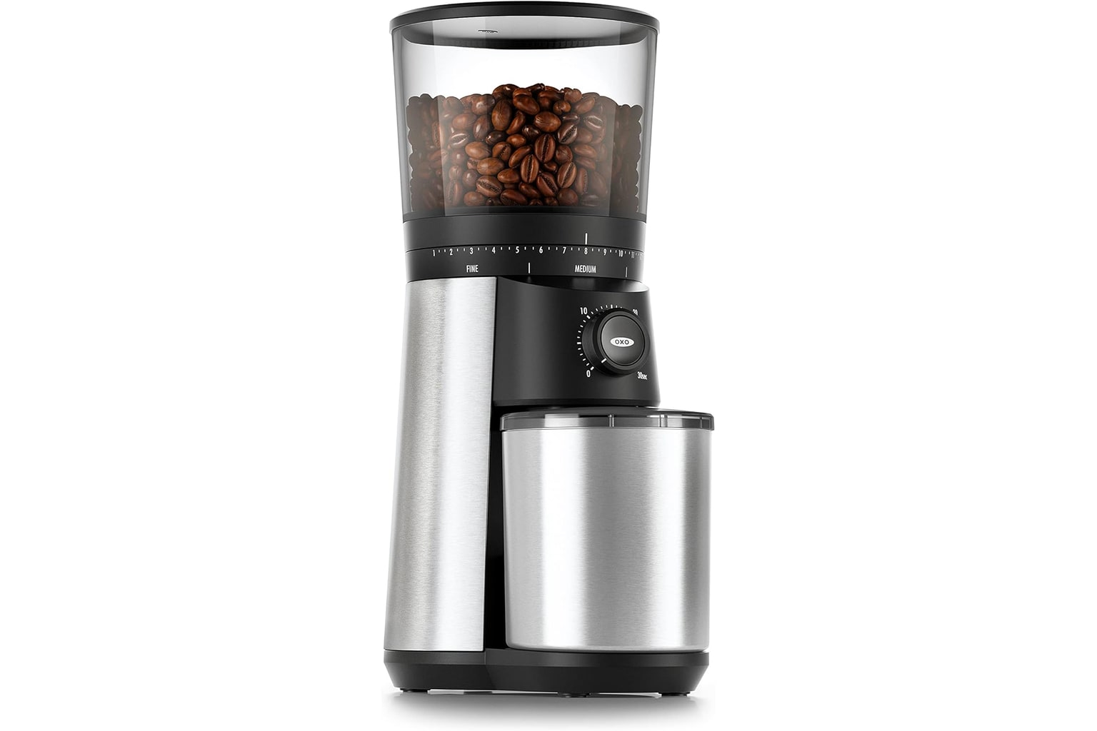 OXO Brew Conical Burr Coffee Grinder in silver and black, shown as a clean product hero image.