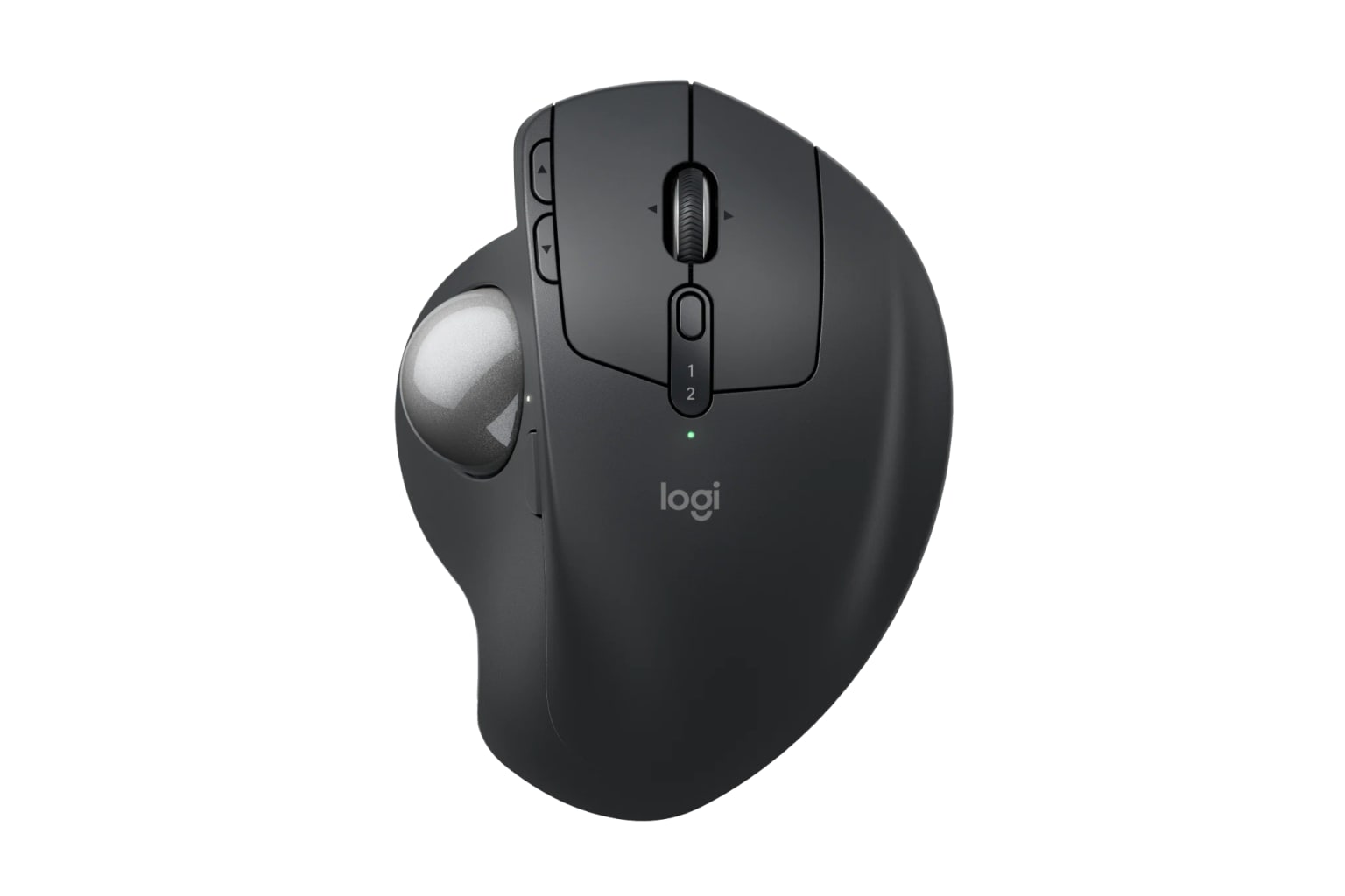 Logitech MX Ergo S Advanced Wireless Trackball Mouse in graphite shown from a top/front product view