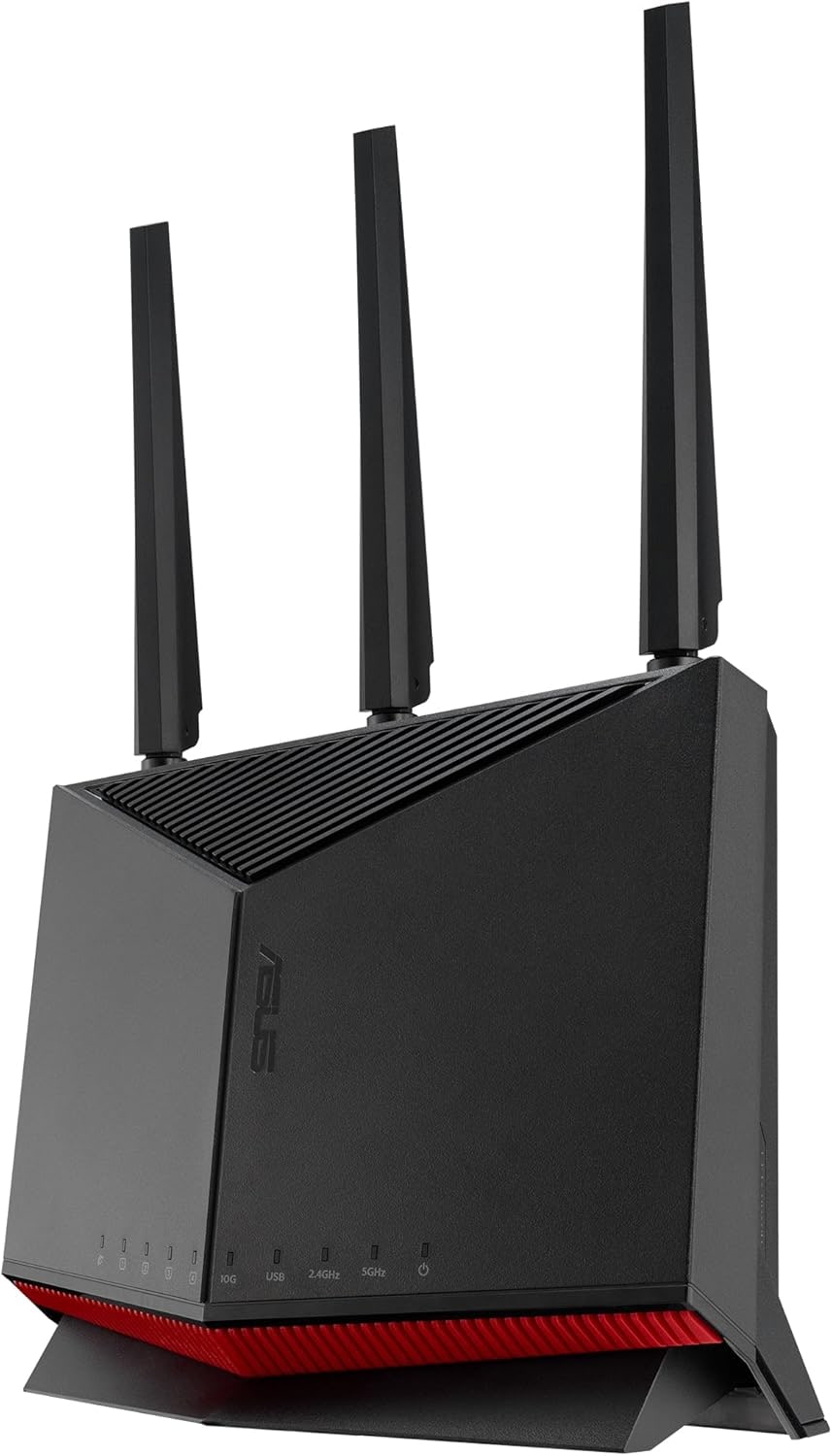 ASUS RT-BE86U upright black Wi-Fi 7 router with antennas and 10G status label.