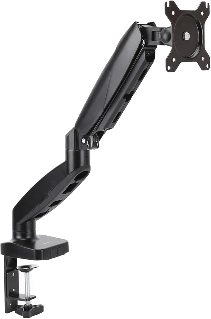 Amazon Basics black gas spring single monitor arm desk mount with clamp and VESA plate