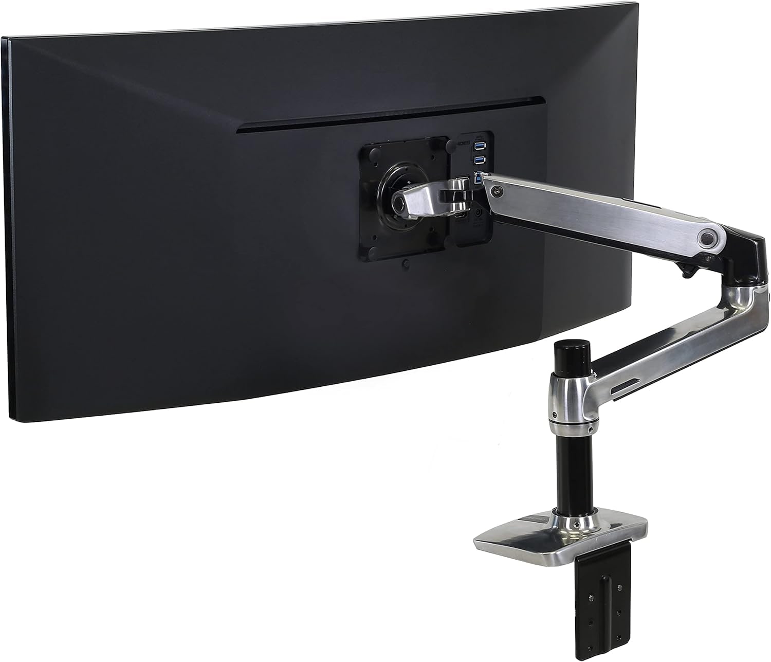 Ergotron LX Desk Monitor Arm polished aluminum single monitor arm holding a display