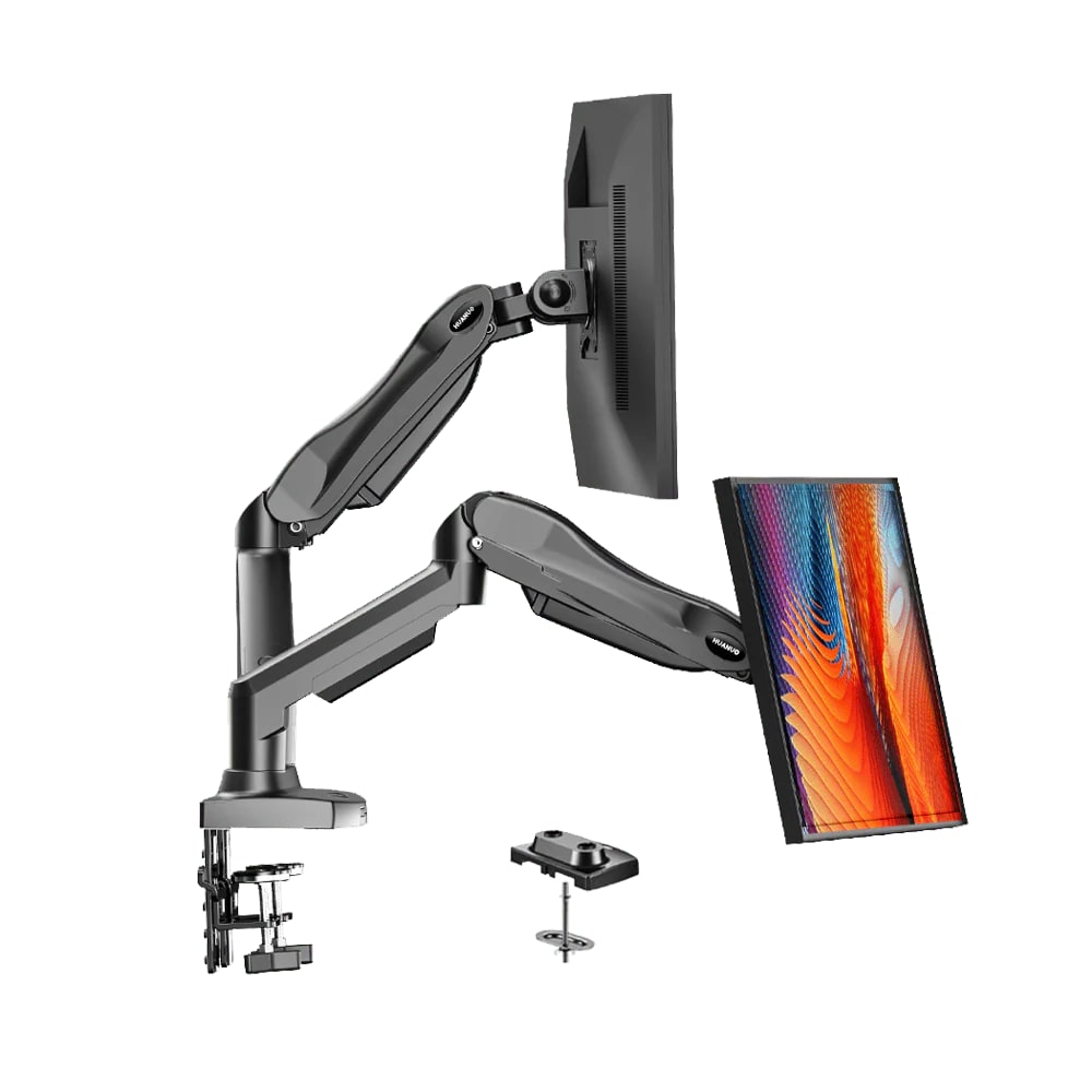 HUANUO black FlowLift dual monitor stand with two monitor arms and clamp base