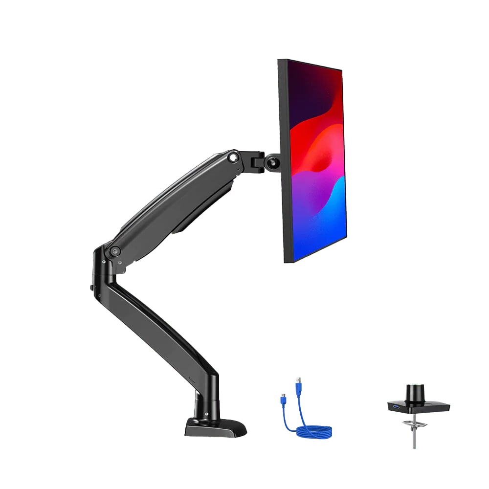 HUANUO black single monitor arm with USB ports holding one monitor