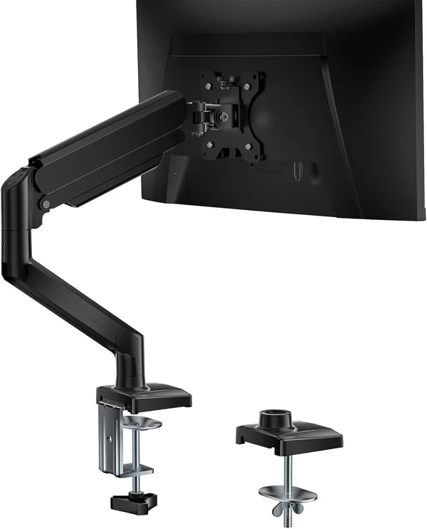 WALI GSMP001N black gas spring single monitor arm with clamp and VESA mounting hardware