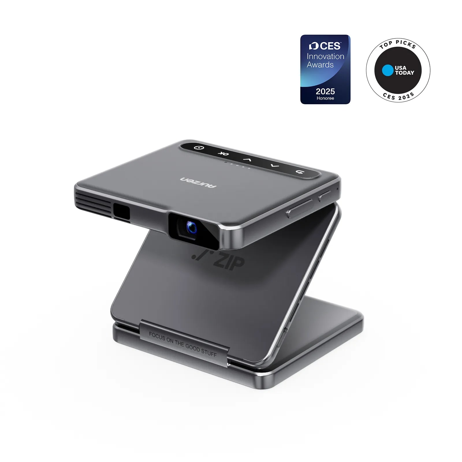 Aurzen ZIP Tri-Fold portable mini projector in dark gray, folded open on a light product background