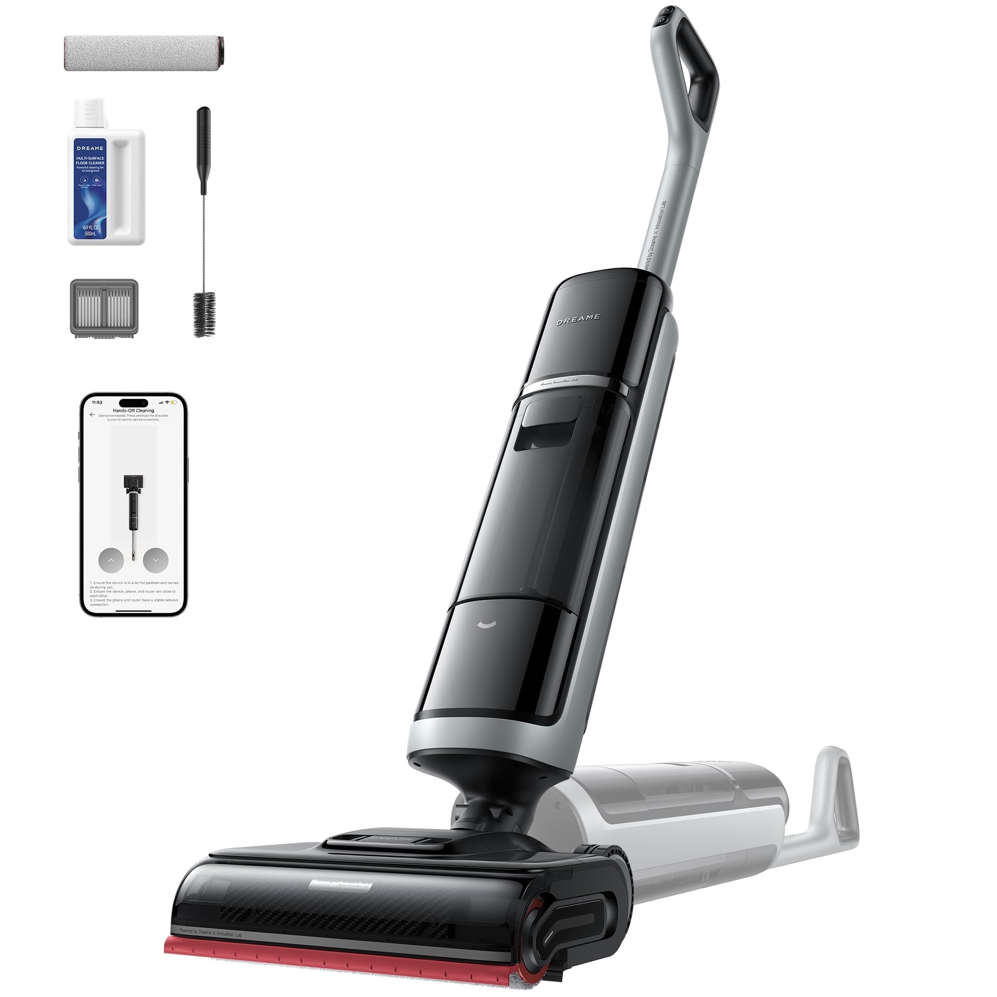 Dreame H15 Pro Heat wet-dry floor washer with docking accessories and cleaning solution on a white background