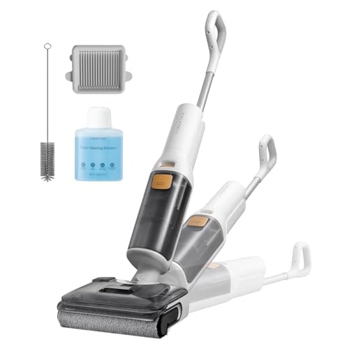 Roborock F25 GT cordless wet dry vacuum with dock and cleaning solution on a white background.