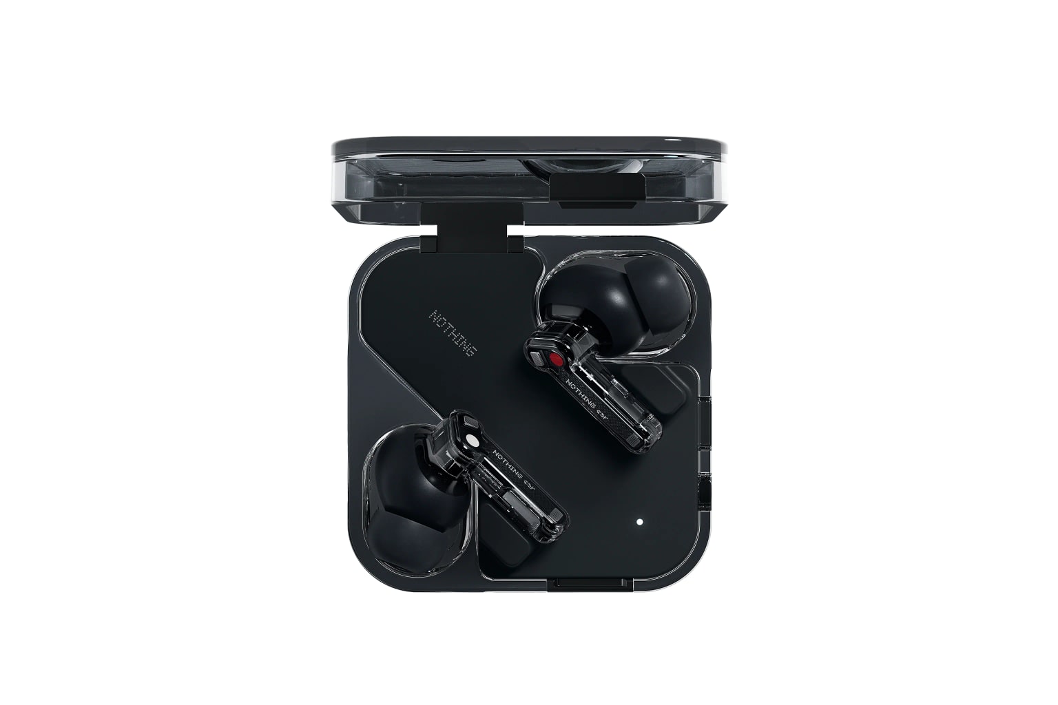 Black Nothing Ear (2024) earbuds in their transparent charging case.
